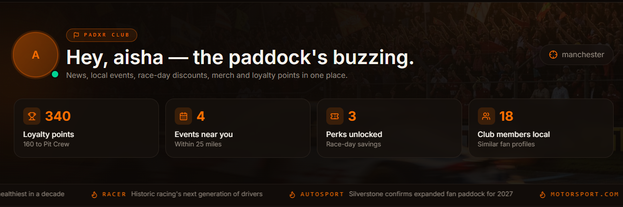 PADXR Club dashboard showing an illustrative loyalty preview, nearby events, perks and Members near you