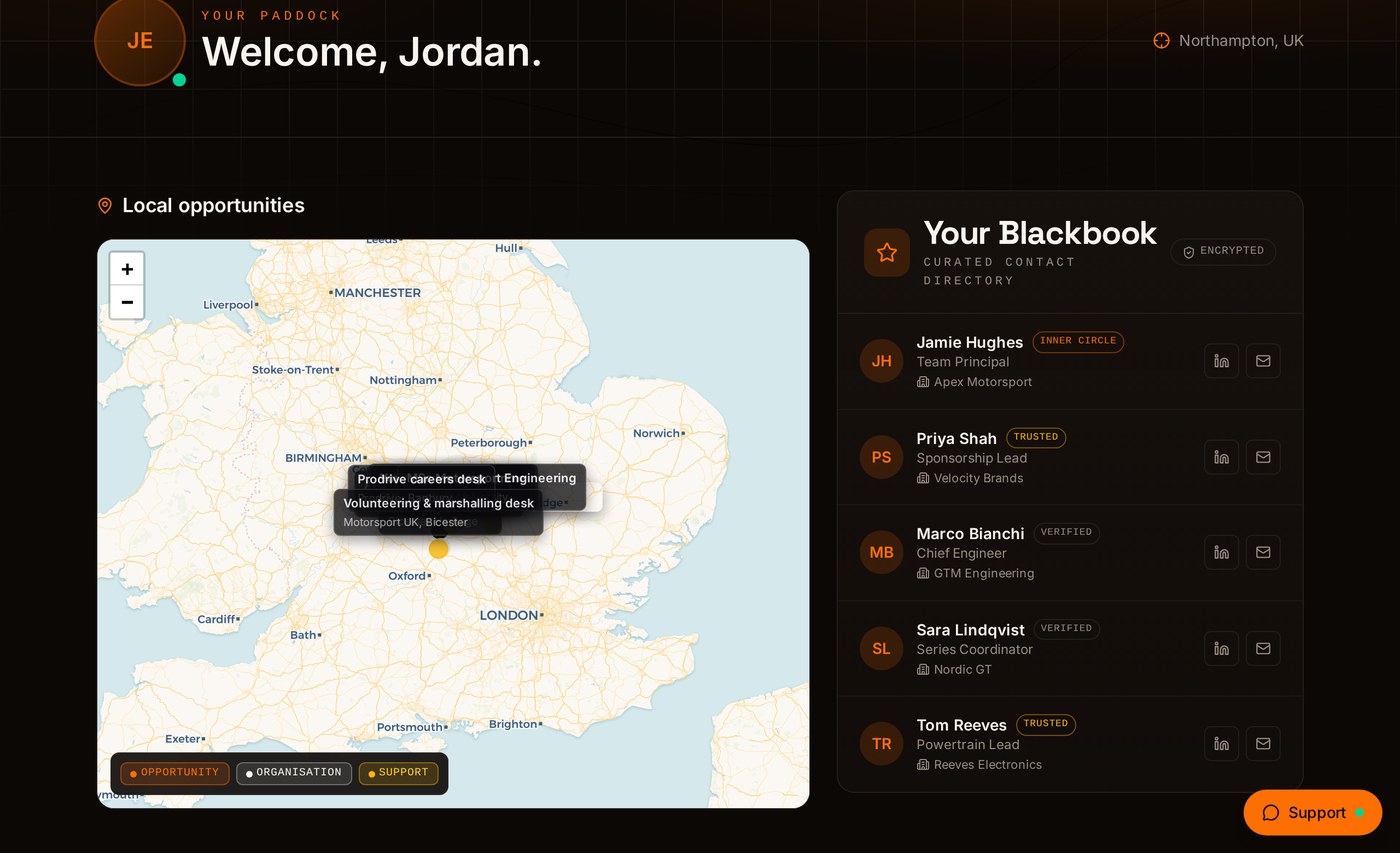 PADXR personalised dashboard showing a live UK map of local opportunities alongside a coming-soon professional Blackbook preview